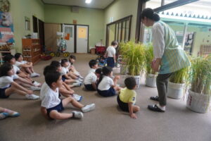 みんなが植えた苗はこんなに大きくなりました。しっかりお話を聞いて、みんなも稲刈りに挑戦です。の様子